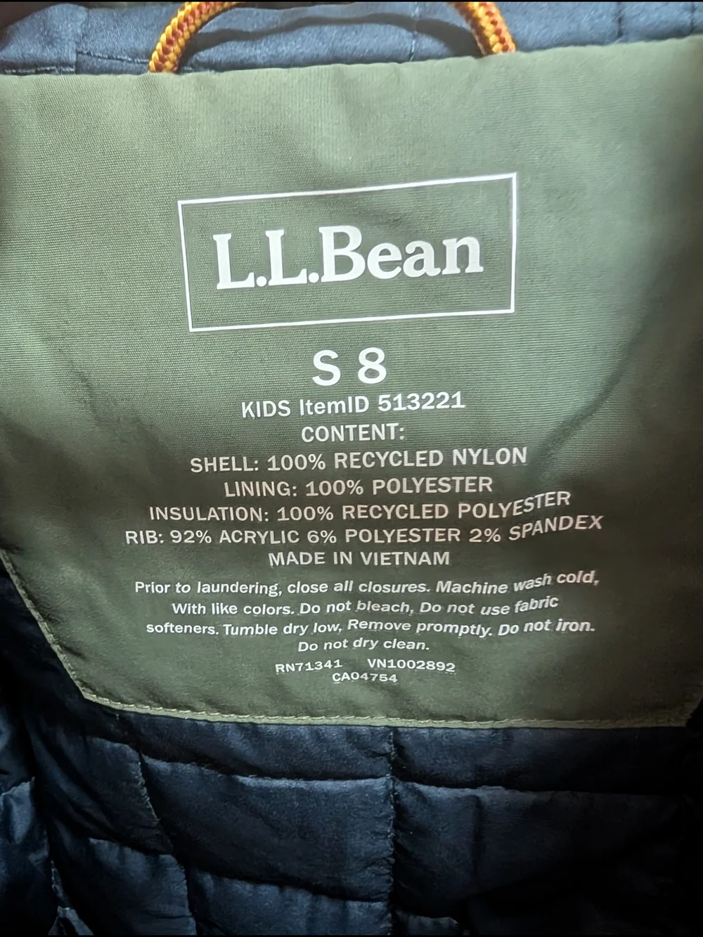 L.L. Bean Youth Hooded Bomber Jacket Forest Green Size 8 Excellent Condition